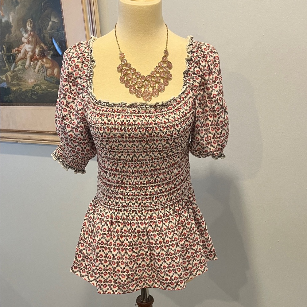 MAX STUDIO PINK GRAY & WHITE PEPLUM TOP/ GATHERED FRONT & BACK / SIZE M